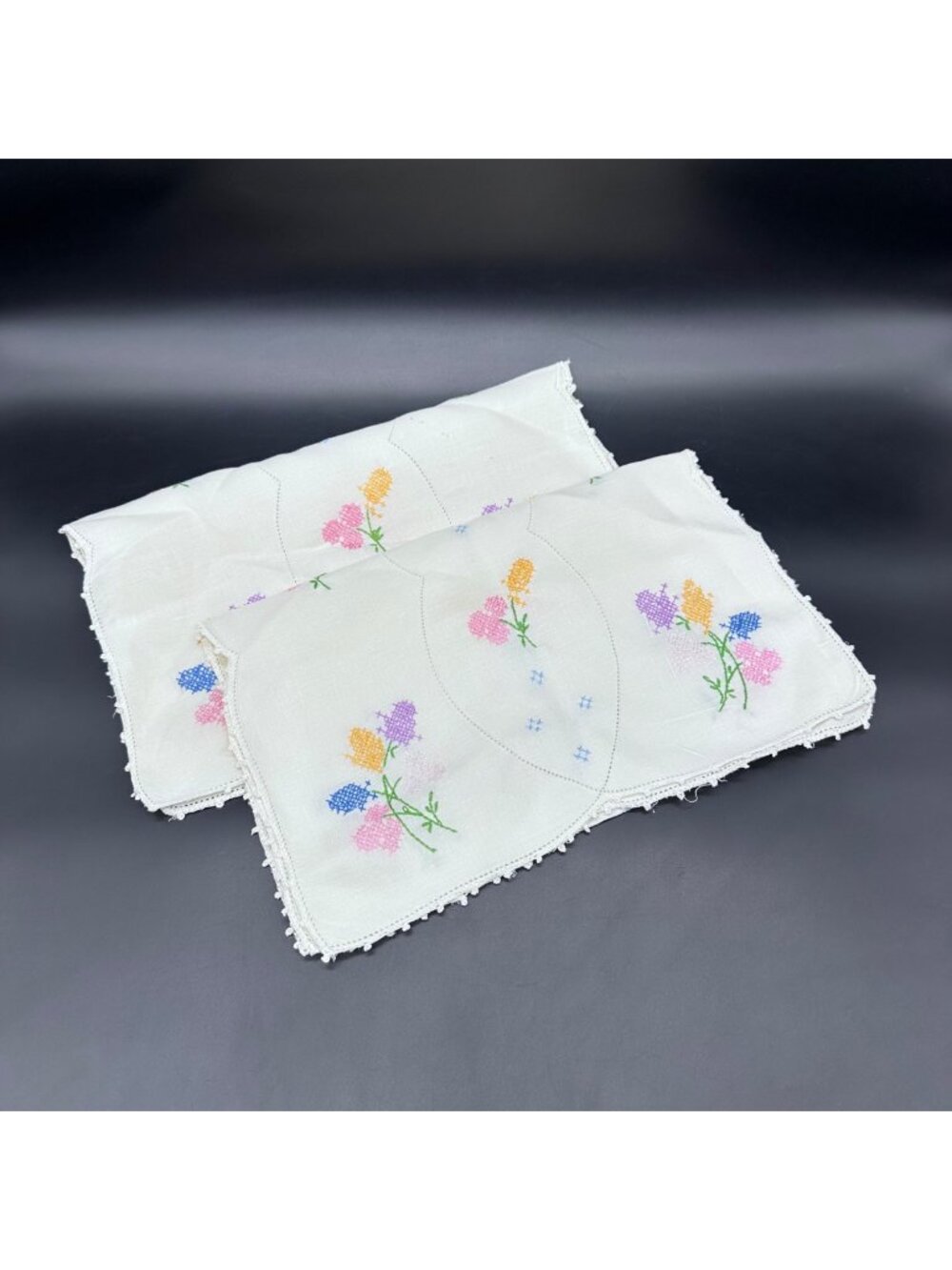 Vintage Floral Table Runners Set Of Two Handmade Cross Stitch Spring Flowers